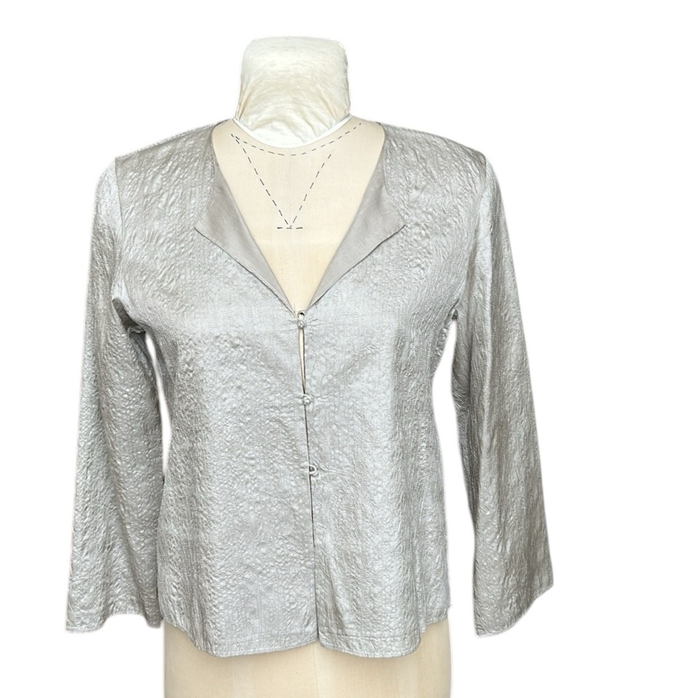 EILEEN FISHER | Silk Beechwood Shimmering Jacket Cardigan Lightweight Pewter M - Picture 3 of 12